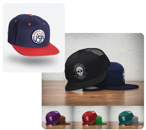Collage of snapback and trucker hats with patches