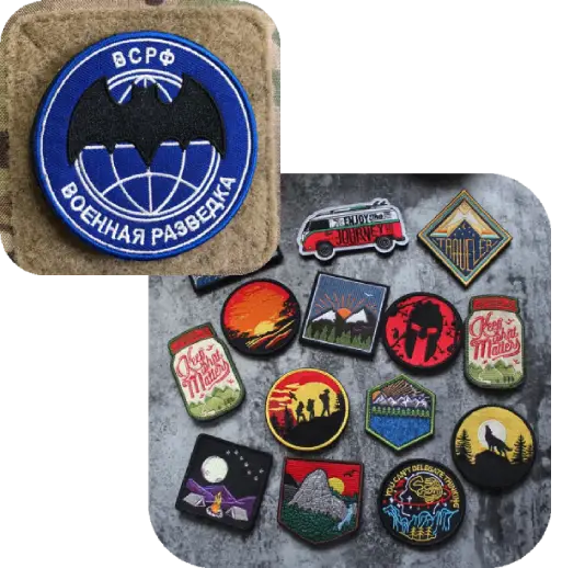 Collage of outdoor-themed patches and a Russian military bat emblem patch