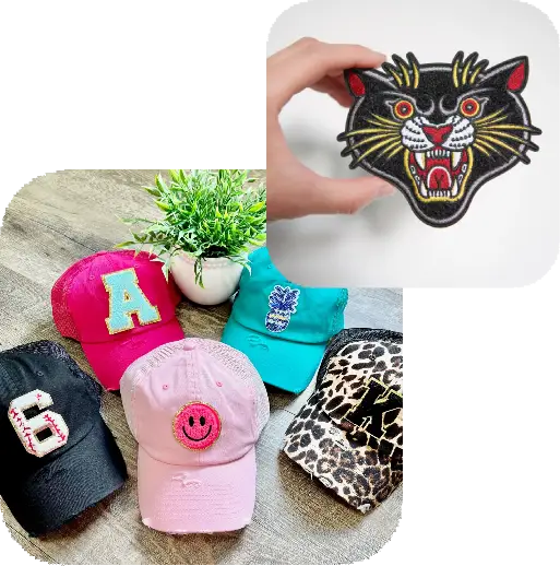 atlanta Colorful hats patches and a hand holding a panther patch