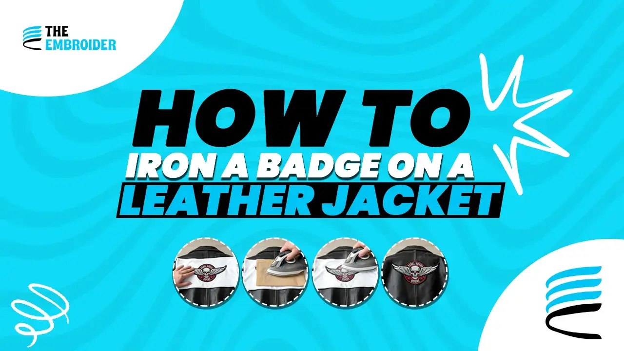 Graphic showing how to iron a badge onto a leather jacket.